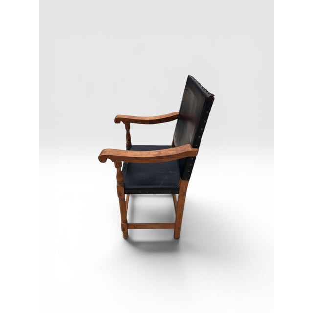 Antique Arts & Crafts Oak Library Armchair With Black Leather For Sale - Image 4 of 11