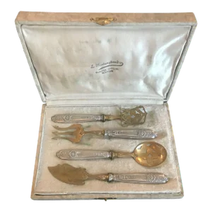 Late 19th Century French Silver and Gold Dessert Hors d'Oeuvre Set Four Pieces With Box: L Montangerand, Macon