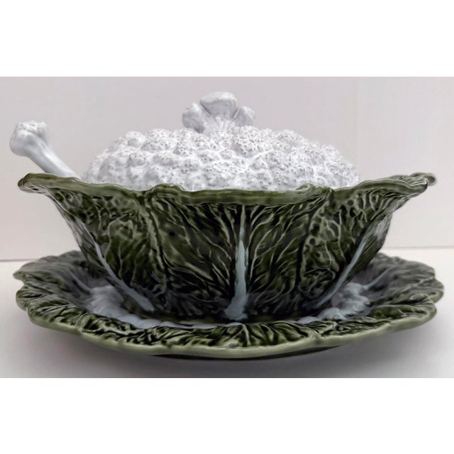 Portuguese made 4 piece ceramic cauliflower shaped tureen with ladle and tray. Colorful textured tureen has cauliflower...