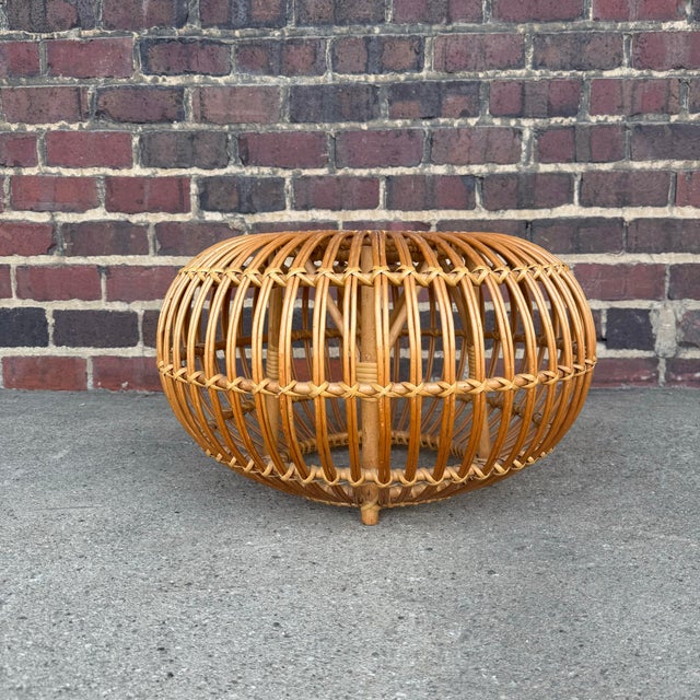 Boho Chic Franco Albini Style Rattan Ottoman in Lobster Pot Design For Sale - Image 3 of 12