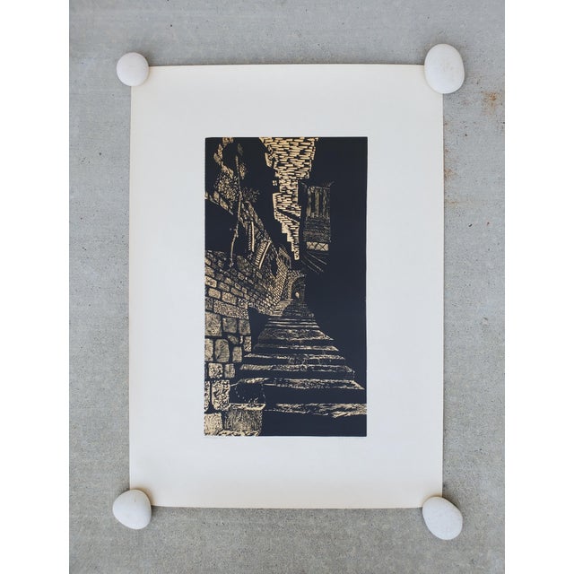 A Vintage Linocut Block Print Signed Arieh Kimhi, Jerusalem 1974, Numbered 10/130 For Sale - Image 10 of 12