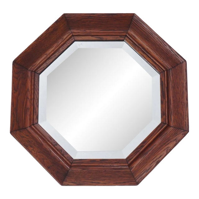 1930s English Art Deco Octagonal Bevelled Wall Mirror in Scalloped Solid Oak Frame For Sale