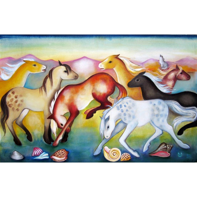 Wild Horses by Zoa Ace | Oil on canvas Painting of colorful horses in a landscape. For Sale