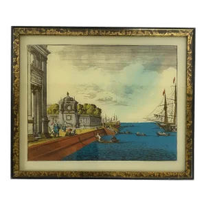 Italian Hand Colored Engraving Print With Metallic Embellishments