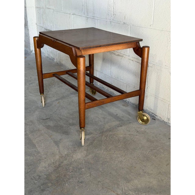 Brown Vintage Danish Modern Teak Bar Cart Serving Trolley on Casters For Sale - Image 8 of 9
