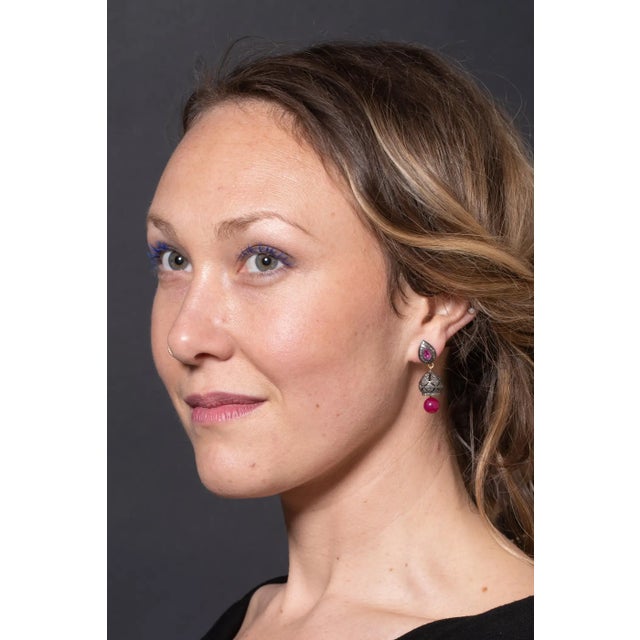 Ruby and Pave`-Set Diamond Drop Earrings For Sale - Image 4 of 5
