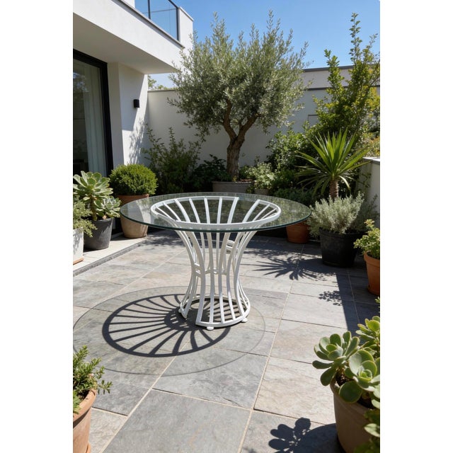Metal Vintage Mid Century Modern Restored White Glass Patio Wrought Iron Dining Table Attributed to Arthur Umanoff for Shaver Howard For Sale - Image 7 of 7