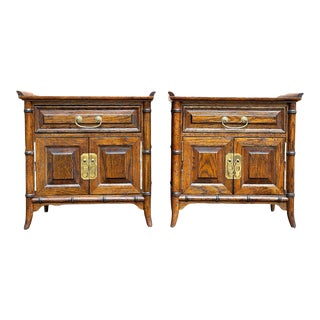 1970s Vintage Century Furniture Ming & Faux Bamboo R. Sabota Style Bedside Tables - a Pair For Sale
