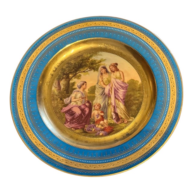 Antique Victorian Royal Vienna Porcelain Gilt Decorated Scenic Bachus 10.75" Plate For Sale