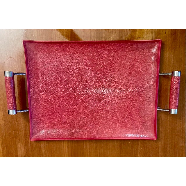 Red 1990 Red Shagreen Tray With Two Handles, Italy For Sale - Image 8 of 11