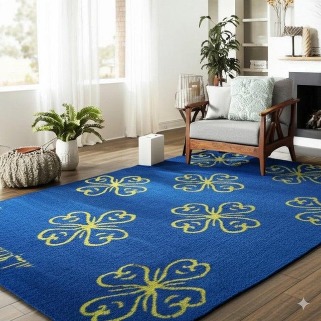 6x8 Blue Handwoven Wool Stylized Clover Motif Geometric Modern Carpet Rug For Sale In New York - Image 6 of 7
