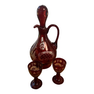 AntiquevEtched Red Cranberry Decanter Set With 2 Glasses For Sale
