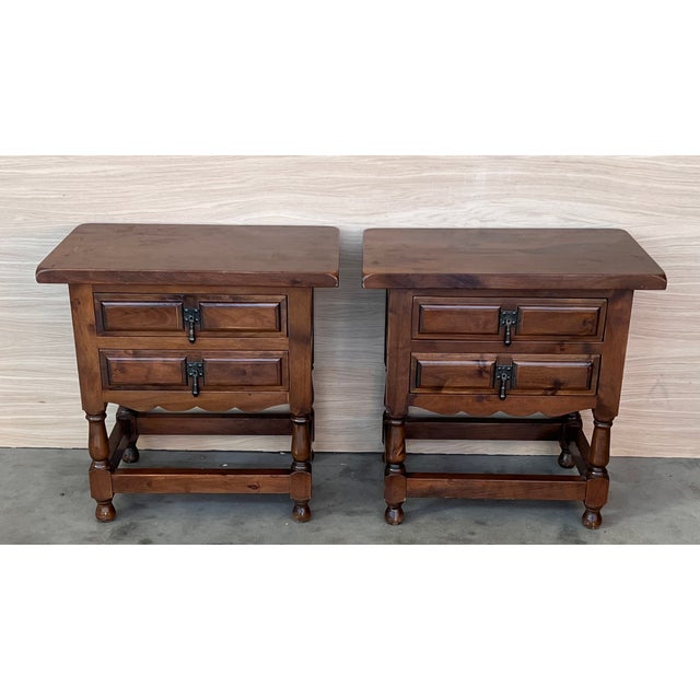 20th century pair of Brutalist Spanish nightstands with two carved drawers and iron hardware Beautiful tables that you can...