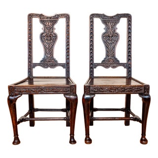 Antique English Oak Jacobean Hall Side Dining Chairs, 1620, Set of 2 For Sale