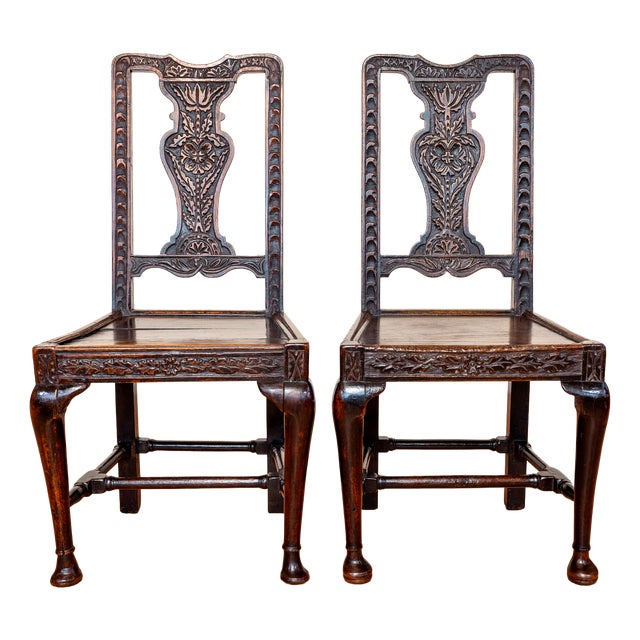 Antique English Oak Jacobean Hall Side Dining Chairs, 1620, Set of 2 For Sale