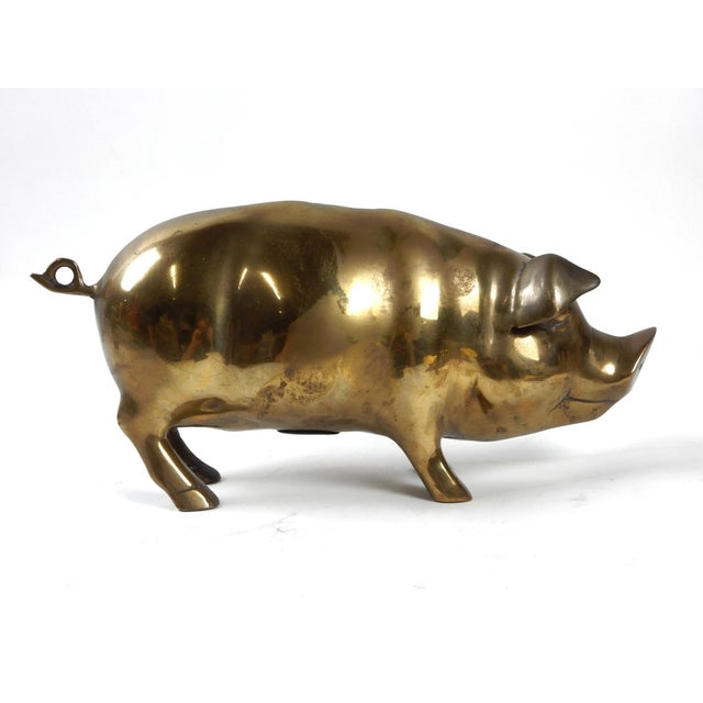 Whimsical decorative brass Pig/Hog sculpture bank. Large piece, 16" long, would hold a lot of dollars or coins.