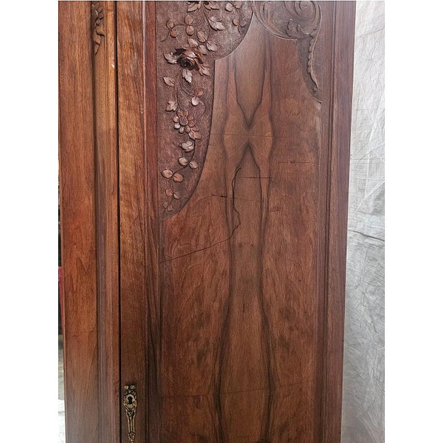 Brown Antique French Burl Walnut Armoire Wardrobe Mirror Carved Cabinet Circas 1920s For Sale - Image 8 of 18