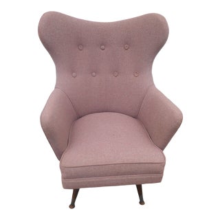Vintage Mid-Century Modern Wingback Swivel Chair Wood Base For Sale