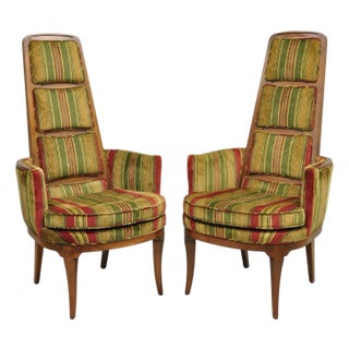 Vintage Mid Century Modern Walnut Panel Back Sculptural Lounge Arm Chairs - Pair For Sale