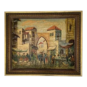 Mid 20th Century Village Market Scene Oil Painting in the Manner of Avigdor Arikha
