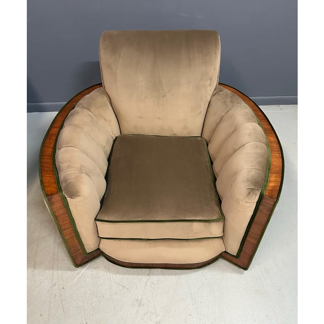 1930s Art Deco Pair of Luxurious Tank Lounge Chairs in Mocha Velvet With Walnut Inlay For Sale - Image 10 of 11