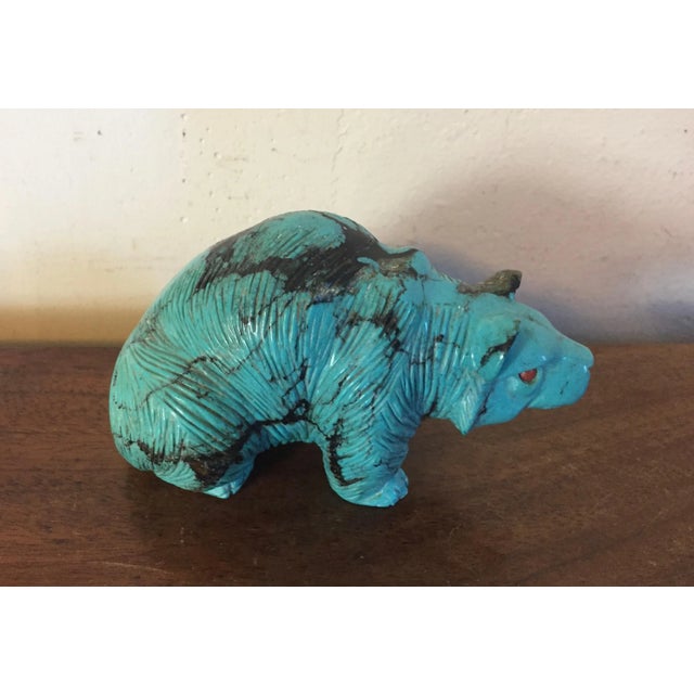 Native American Indian Zuni Style Carved Turquoise Fetish Figure of a Bear With Carnelian Eyes For Sale - Image 11 of 13