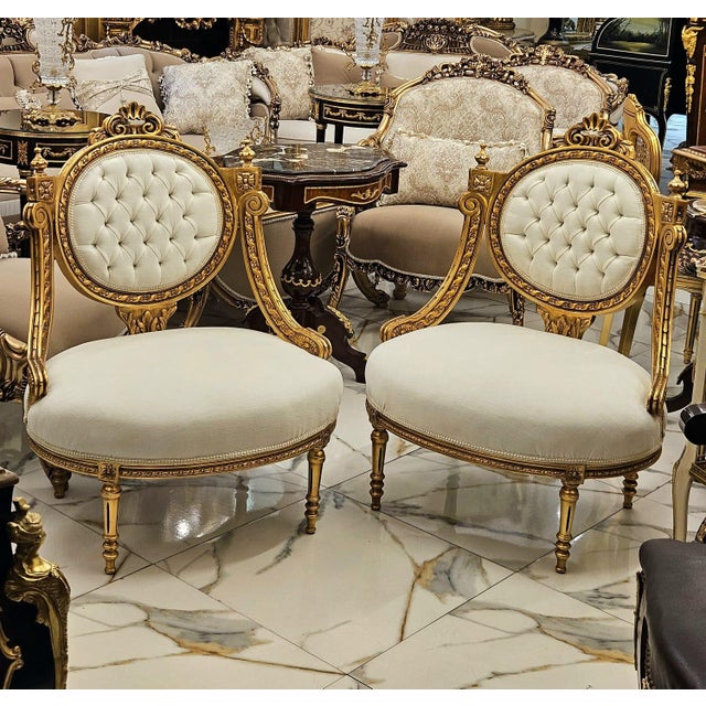 2020s French Louis XVI Style Armchair – Cream Velvet Tufted Chair With Gold Leaf Frame For Sale - Image 5 of 6