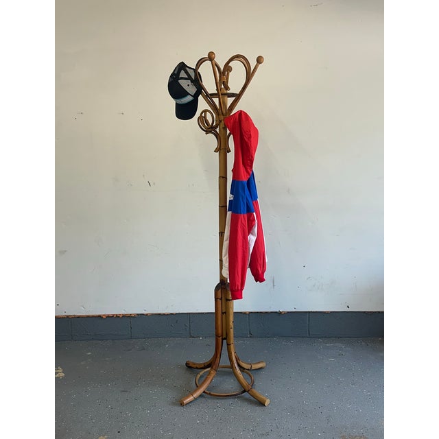 Unusual bamboo and rattan coat rack or coat tree by Rosenthal Netter. Made in Italy likely during the 1970s. Great organic...