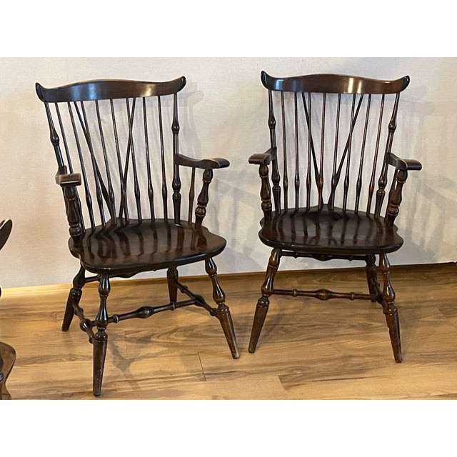 Gorgeous Set 6 1940s Pennsylvania Farmhouse Fiddleback Windsor Dining Chairs Elm For Sale - Image 4 of 7