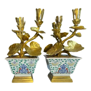 Pair of Early Qing Dynasty Ducati Pots With Aftermarket Gilt Bronze Candelabra Inserts