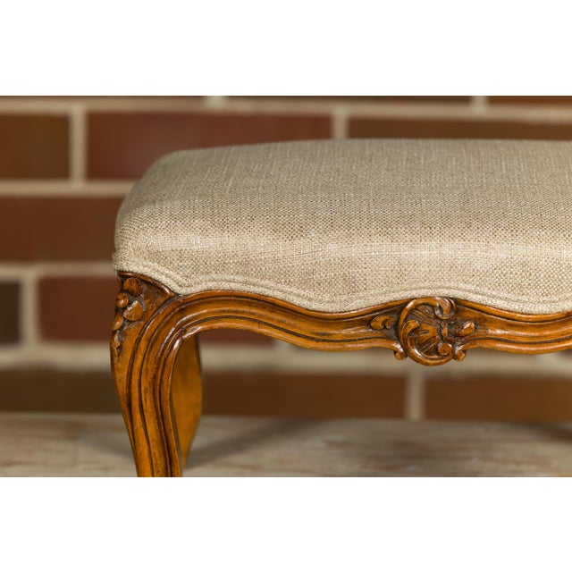 19th Century French Louis XV Style Walnut Footstool with Custom Linen Upholstery For Sale - Image 11 of 12