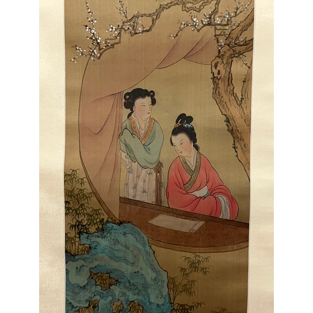 Late 20th Century Vintage Chinese Art Scroll Painting Landscape Garden With People Design For Sale - Image 5 of 8