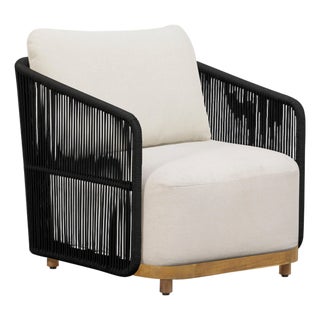 Alpine Teak Wood Outdoor Arm Chair With Black Rope Design For Sale