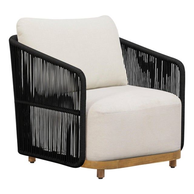 Alpine Teak Wood Outdoor Arm Chair With Black Rope Design For Sale