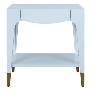 Matthew Izzo Home Ronny Glossy Light Blue Lacquer One Drawer Side Table With Antique Brass Foot Caps For Sale