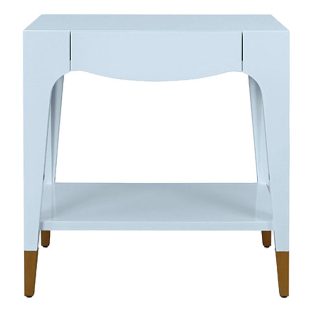 Matthew Izzo Home Ronny Glossy Light Blue Lacquer One Drawer Side Table With Antique Brass Foot Caps For Sale
