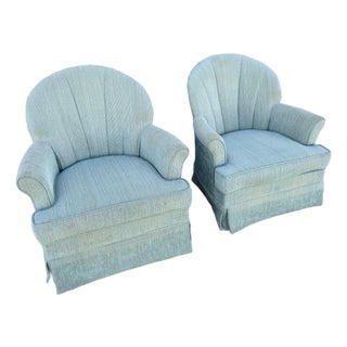 Postmodern Turquoise Fabric Clam Shell Scalloped Swivel Lounge Chairs by Stanley - A Pair For Sale
