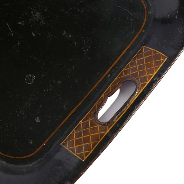 English Tole Tray With Diapered Panels on the Rolled Rim, C. 1840 For Sale - Image 4 of 8