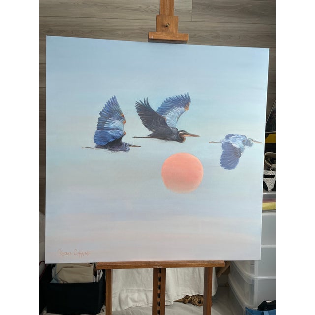 Contemporary Large Contemporary Oil Painting Blue Herons Over Sunset For Sale - Image 3 of 14