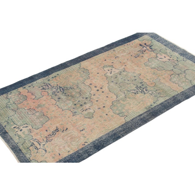 Art Deco 1960s Hand-Knotted Vintage Distressed Deco Rug in Blue, Cream Floral Pattern For Sale - Image 3 of 6
