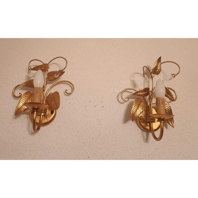 Empire Hollywood Regency Style Hand-Forged Gold Leaf-Gilded Wall Lamps with Crystal Elements and Floral and Leaf Decorations, 1960s For Sale - Image 10 of 18