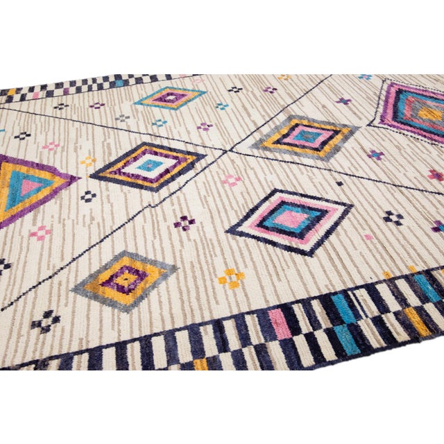 Beige Modern Moroccan Style Handmade Multicolor Tribal Wool Rug For Sale - Image 8 of 12