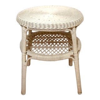 Mid 20th Century White Wicker Round Two Tier Side Table For Sale