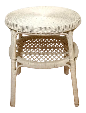 Mid 20th Century White Wicker Round Two Tier Side Table