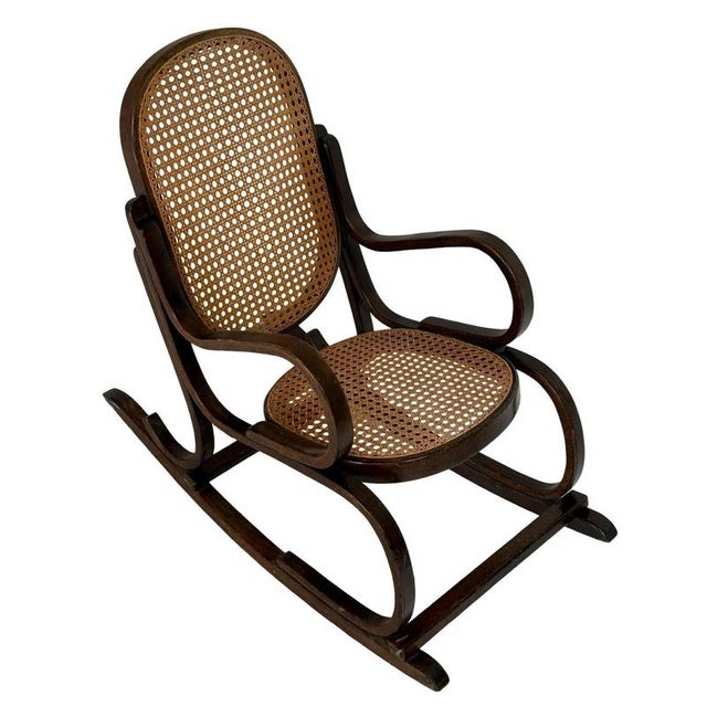 Antique Bentwood Children's Rocking Chair with Wicker Seat For Sale - Image 4 of 7