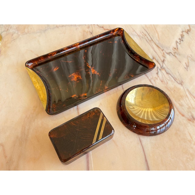 Mid-Century Tortoiseshell Acrylic Glass and Brass Centrepieces from Guzzini, Italy, 1970s, Set of 3 For Sale - Image 16 of 16