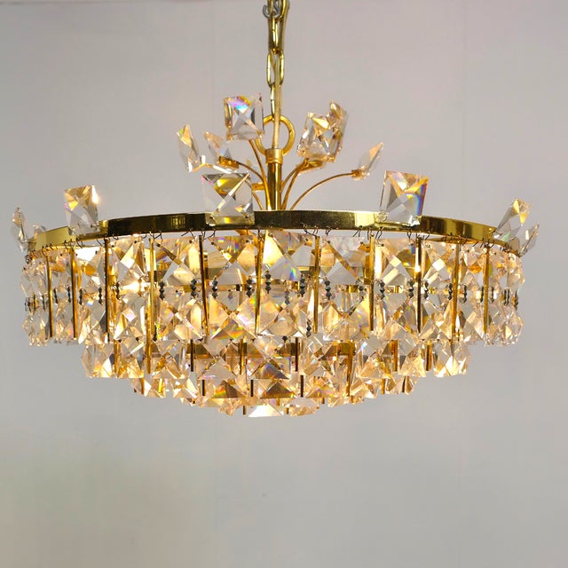 Mid-Century Brutalist Clear Crystal and Brass Chandelier from Palwa, 1970s For Sale - Image 12 of 12
