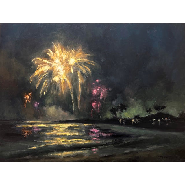 Exultation by Jane Hunt | Oil on Panel Fireworks over a dark lake with reflections. For Sale