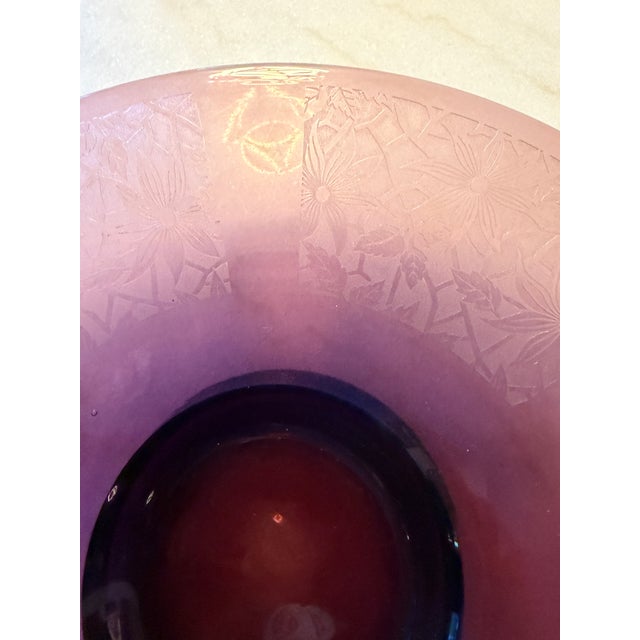 1930s Amethyst Glass Centerpiece Bowl, Large 14.5" Vintage Purple Console Bowl, Acid Etched Floral Art Deco Lattice For Sale - Image 4 of 14
