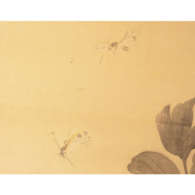 Tan "Peony Flower and Butterflies" by Kawabata Gyokusho, Meiji Era Japanese Silk Scroll Painting For Sale - Image 8 of 16